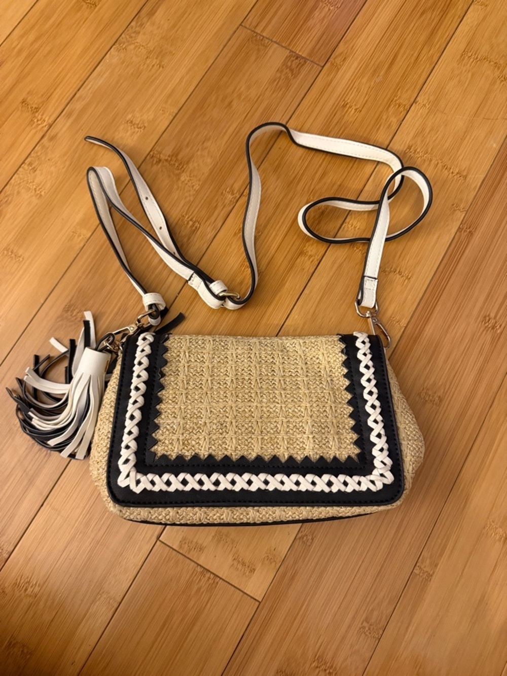 Sondra Roberts Natural Straw Crossbody with Black & White Trim